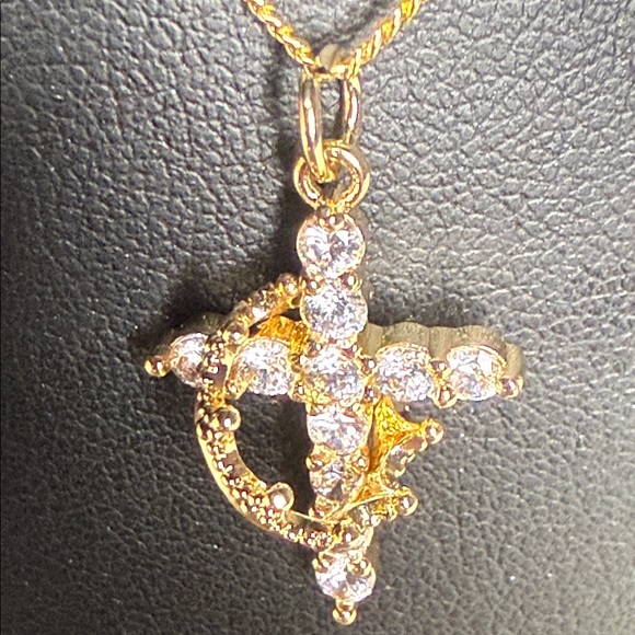 14K Gold Plated Crown Cross CZ Necklace 16in Stainless Steel - Picture 3 of 4